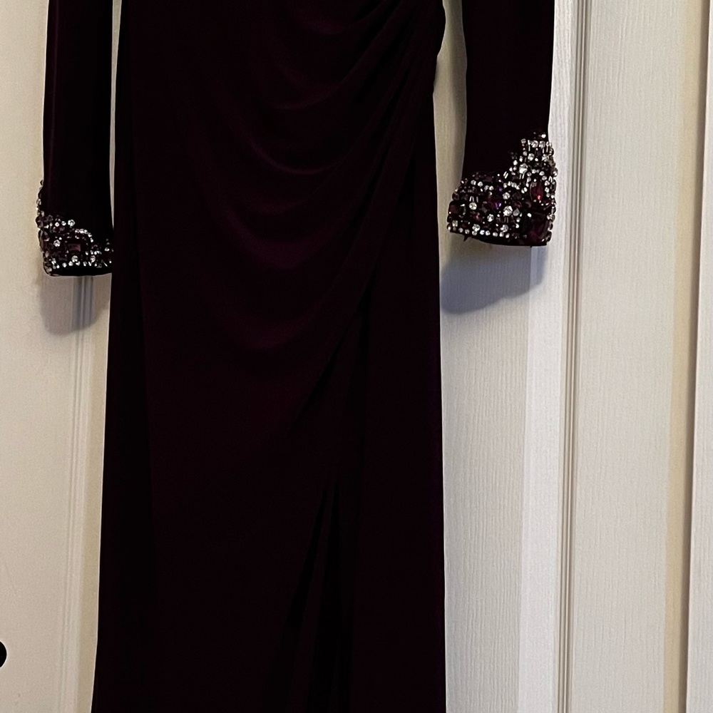 Plum color long dress. Beautiful beading on the sleeves.
